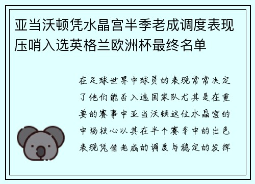 亚当沃顿凭水晶宫半季老成调度表现压哨入选英格兰欧洲杯最终名单